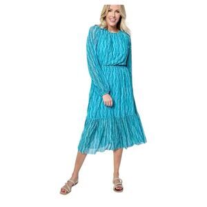 Canyon Retreat Blue Boho Peasant Midi Dress 2X Long Sleeve Tiered Flowy Resort